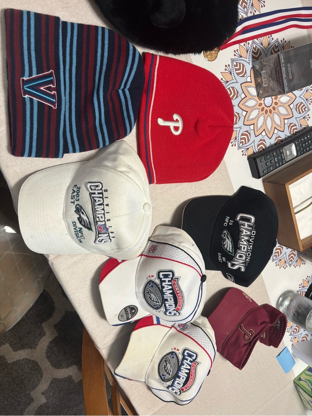 Eagles/Phillies Mixed Beanie and Cap Lot - Red, Navy, White, Black